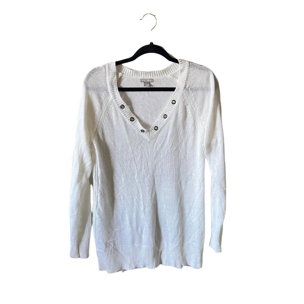 Falls Creek‎ White V Neck Slit Sides Large Sweater
